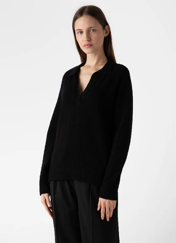 Women's Lambswool Polo Jumper in Black Faux Fur Fabric Real Fur Fabric Shearling Fabric Women's Lambswool Polo Jumper in Black Faux Fur Fabric Real Fur Fabric Shearling Fabric