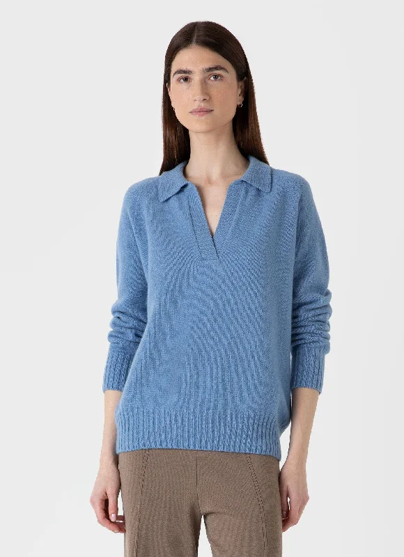 Women's Lambswool Polo Jumper in Cornflower Terry Blend Velvet Blend Canvas Blend