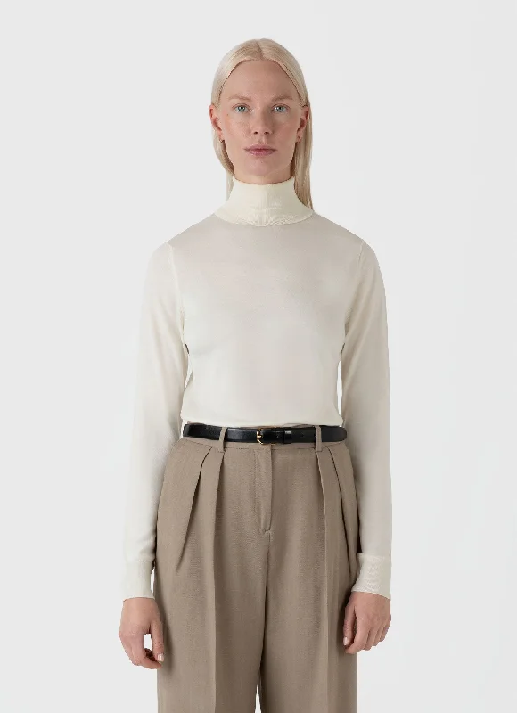 Women's Merino Silk Roll Neck Jumper in Ecru Real Fur Shearling Chenille