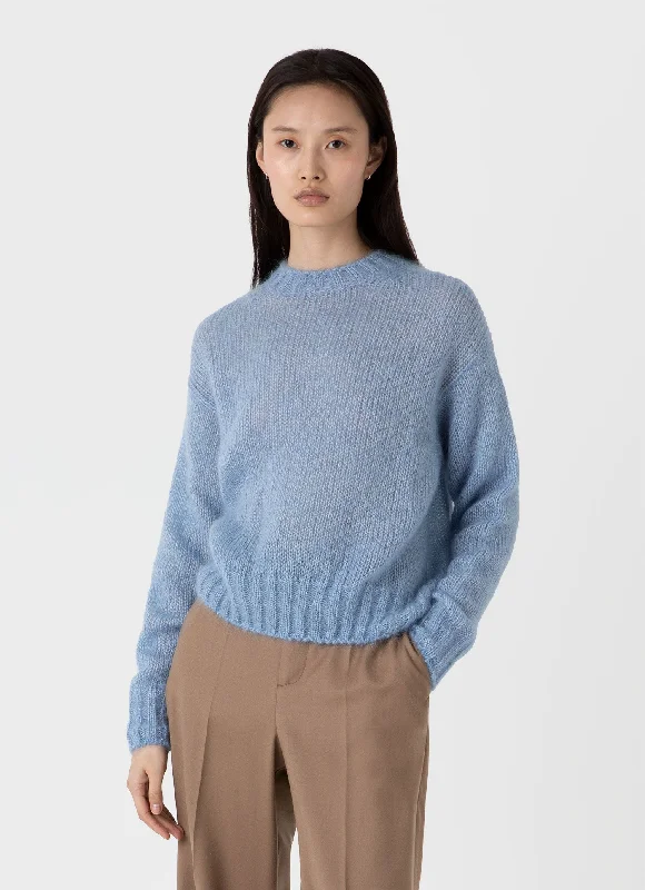 Women's Mohair Silk Jumper in Cornflower Zippered Front Buttoned Front Snap Front