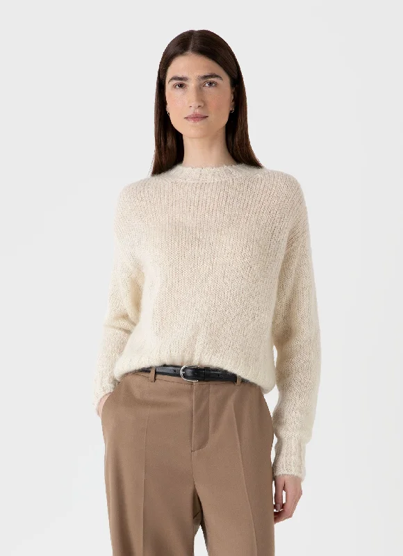 Women's Mohair Silk Jumper in Ecru Print Jacquard Patchwork