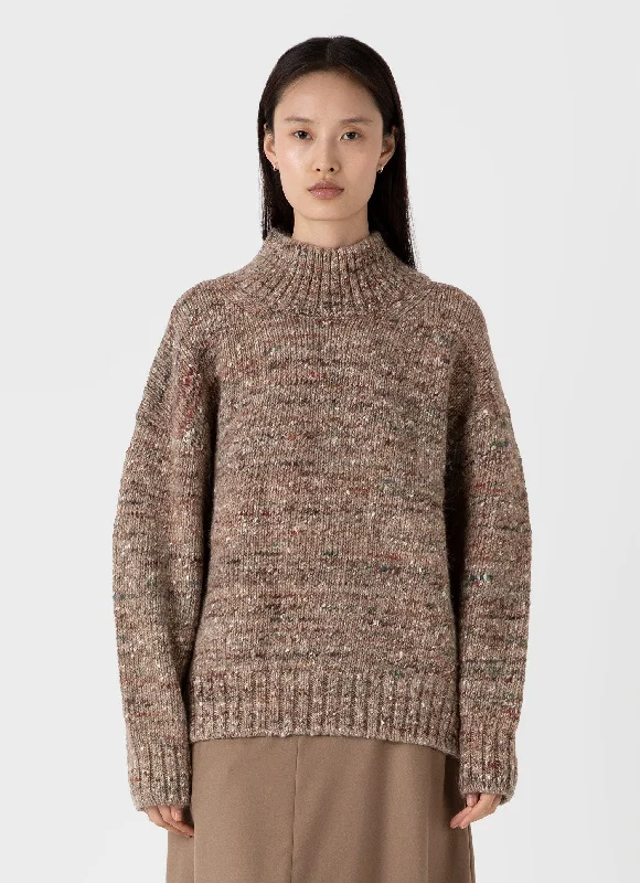Women's Oversized Textured Jumper in Camel Donegal Striped Floral Plaid