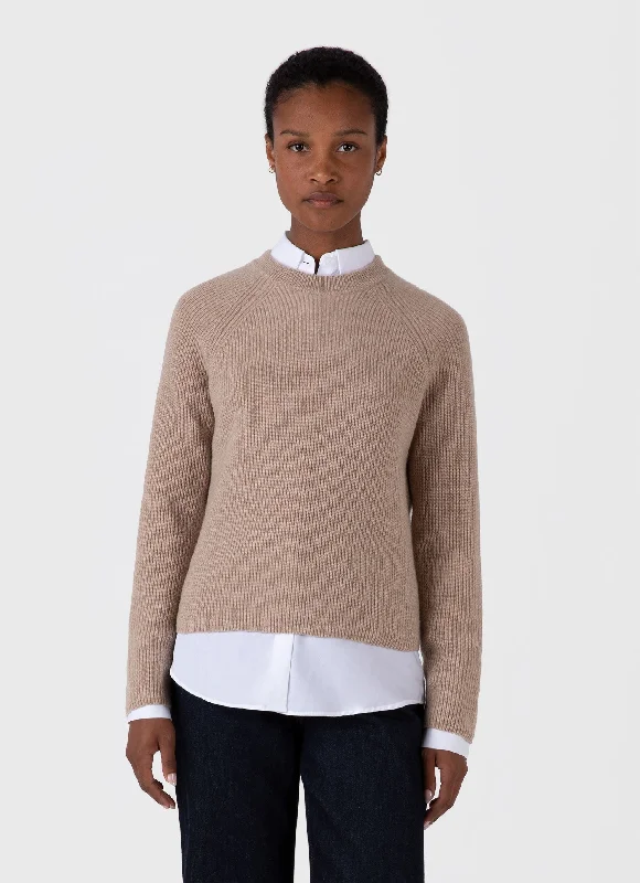 Women's Wool Cashmere Rib Jumper in Oatmeal Melange Seamless Knitted Crochet