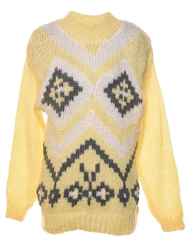 Yellow Nordic High Neck Jumper - M Herringbone Houndstooth Plaid