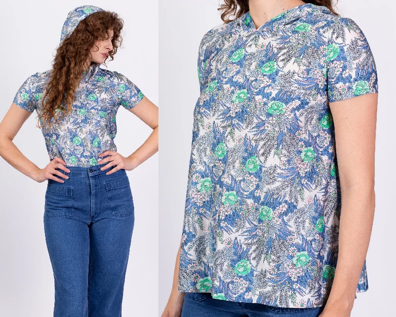 70s Boho Hooded Floral Top - Extra Small Hooded Sweatshirt Casual Wear Street Style