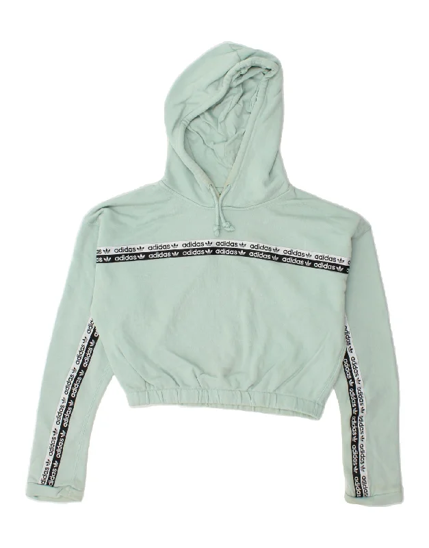 ADIDAS Womens Oversized Crop Graphic Hoodie Jumper UK 14 Medium Turquoise Hoodie with Slit Hem Functional Movement ADIDAS Womens Oversized Crop Graphic Hoodie Jumper UK 14 Medium Turquoise Hoodie with Slit Hem Functional Movement