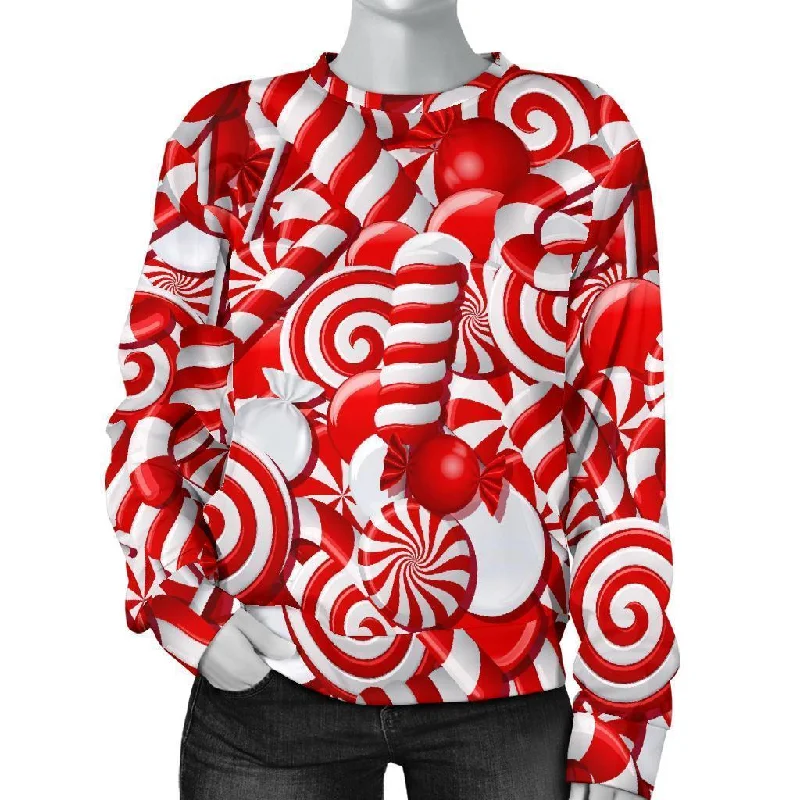 Candy Cane Print Pattern Women's Sweatshirt Hoodie with Hem Raw Edge Edgy Unfinished Candy Cane Print Pattern Women's Sweatshirt Hoodie with Hem Raw Edge Edgy Unfinished