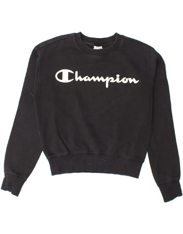 CHAMPION Womens Crop Graphic Sweatshirt Jumper UK 14 Medium Black Hoodie with Button Classic Timeless