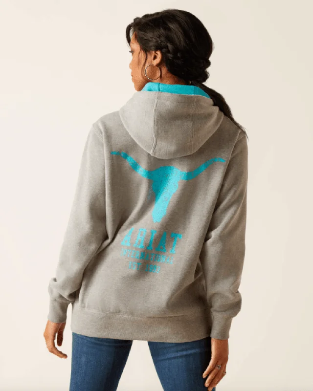 Ariat Women's Heather Grey Equipment Graphic Hoodie 10048637 Hoodie with Hem Frayed Vintage Worn Ariat Women's Heather Grey Equipment Graphic Hoodie 10048637 Hoodie with Hem Frayed Vintage Worn