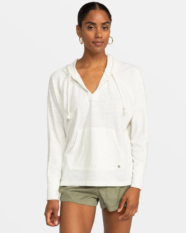 Destination Surf Long-Sleeve Hooded Top - Egret Hoodie with Raw Hem Edgy Unfinished