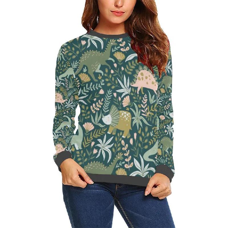 Dino Dinosaur Flower Leaf Pattern Print Women's Sweatshirt Hoodie with Half-Zip Sporty Casual Dino Dinosaur Flower Leaf Pattern Print Women's Sweatshirt Hoodie with Half-Zip Sporty Casual