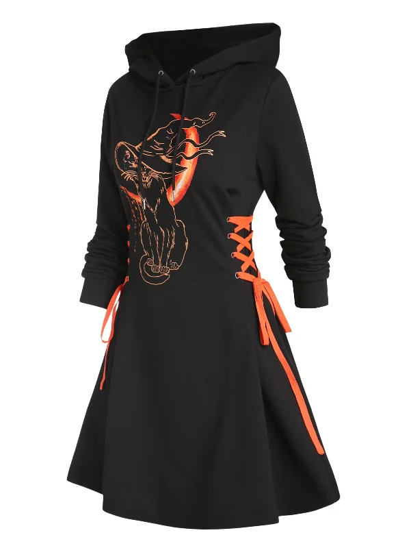 Women Gothic Hooded Dress Slight Stretch Sweatshirt Dresses Cat Hat Moon Print Tie Long Sleeve A-Line Mini Casual Dress Hoodie with Drawcord Adjustable Secure Women Gothic Hooded Dress Slight Stretch Sweatshirt Dresses Cat Hat Moon Print Tie Long Sleeve A-Line Mini Casual Dress Hoodie with Drawcord Adjustable Secure