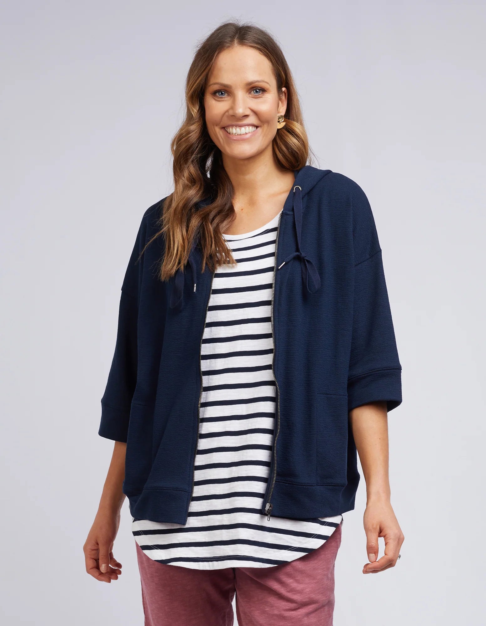 ELM BEACHY ZIP HOODIE NAVY Hoodie with Rolled Sleeves Casual Relaxed