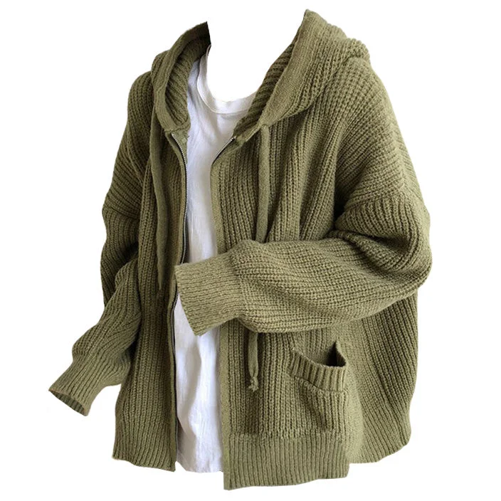 Hygge Knit Zip Up Hoodie Hoodie with High-Low Hem Asymmetrical Trendy