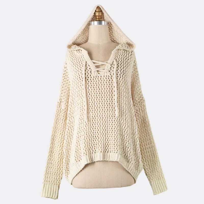 Lace Up Open Cable Knit Chenille Hoodie Sweater (Beige) Hoodie with Pastel Soft Subtle Lace Up Open Cable Knit Chenille Hoodie Sweater (Beige) Hoodie with Pastel Soft Subtle
