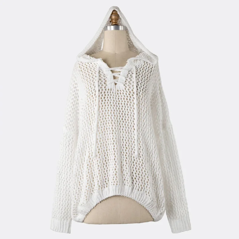 Lace Up Open Cable Knit Chenille Hoodie Sweater (White) Hoodie with Gradient Ombre Colorful Lace Up Open Cable Knit Chenille Hoodie Sweater (White) Hoodie with Gradient Ombre Colorful