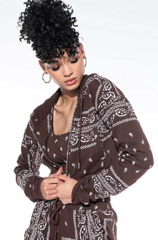 LUX PRINTED CROP HOODIE Zip Hoodie Drawstring Kangaroo Pocket