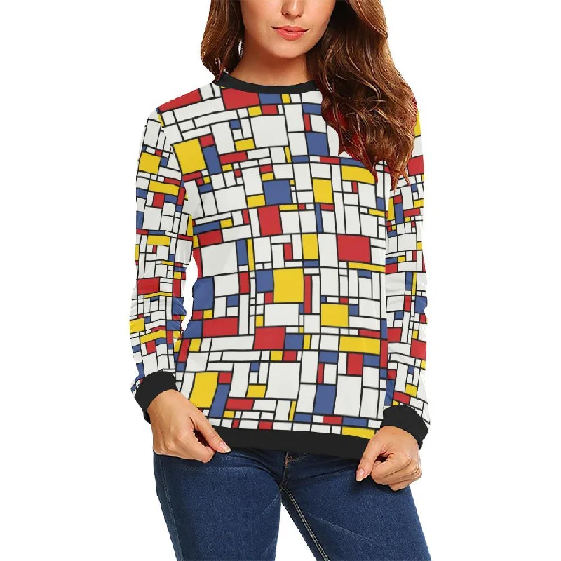 Mondrian Pattern Print Women Crewneck Sweatshirt Hoodie with Relaxed Fit Easy Casual