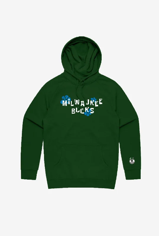 NBA x Spongebob Milwaukee Bucks Hoodie - Forest Green Hoodie with Front Slit Layering Stylish NBA x Spongebob Milwaukee Bucks Hoodie - Forest Green Hoodie with Front Slit Layering Stylish