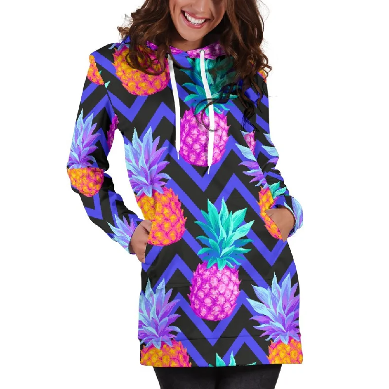 Neon EDM Zig Zag Pineapple Pattern Print Pullover Hoodie Dress Hoodie with Zipper Versatile Modern Neon EDM Zig Zag Pineapple Pattern Print Pullover Hoodie Dress Hoodie with Zipper Versatile Modern