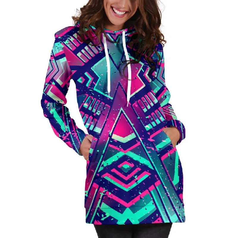 Neon Ethnic Aztec Trippy Print Pullover Hoodie Dress Graphic Hoodie Design Print