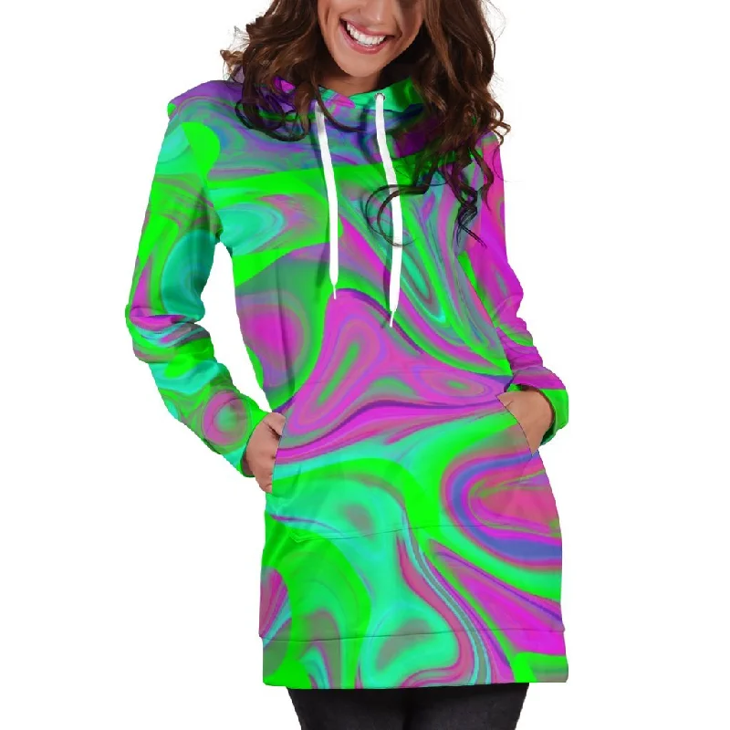 Neon Green Pink Psychedelic Trippy Print Pullover Hoodie Dress Hoodie with Magnetic Closure Innovative Modern Neon Green Pink Psychedelic Trippy Print Pullover Hoodie Dress Hoodie with Magnetic Closure Innovative Modern