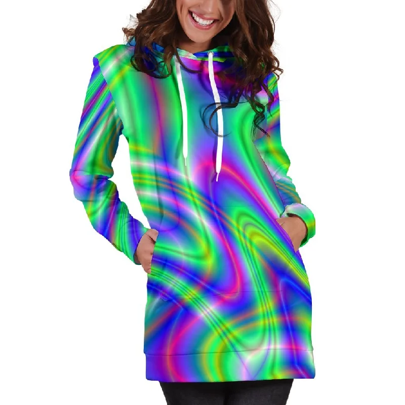 Neon Green Psychedelic Trippy Print Pullover Hoodie Dress Hoodie with V-Neck Classic Versatile Neon Green Psychedelic Trippy Print Pullover Hoodie Dress Hoodie with V-Neck Classic Versatile