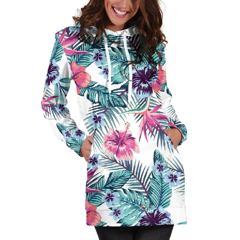 Neon Hibiscus Tropical Pattern Print Pullover Hoodie Dress Hoodie with Relaxed Fit Easy Casual Neon Hibiscus Tropical Pattern Print Pullover Hoodie Dress Hoodie with Relaxed Fit Easy Casual