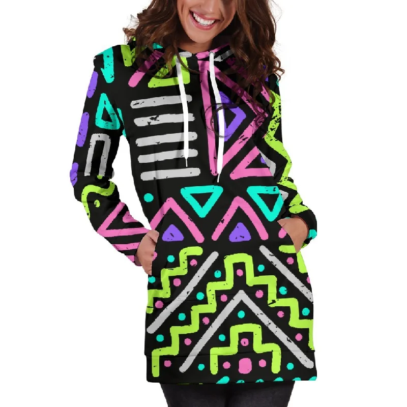 Neon Native Aztec Pattern Print Pullover Hoodie Dress Hoodie with Reflective Safety Nightwear Neon Native Aztec Pattern Print Pullover Hoodie Dress Hoodie with Reflective Safety Nightwear