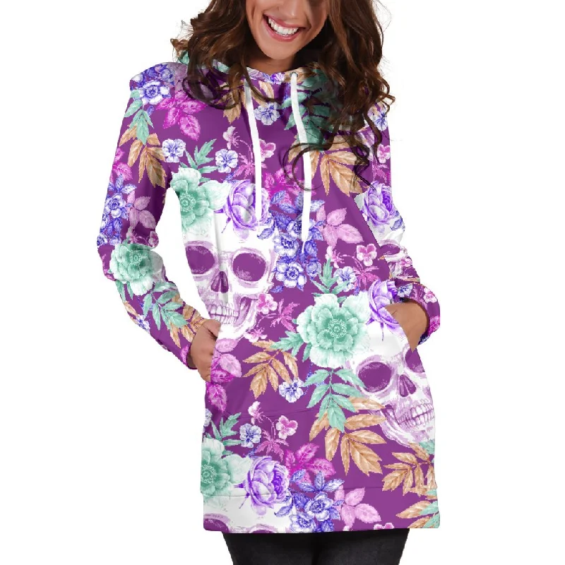 Neon Skull Floral Pattern Print Pullover Hoodie Dress Hoodie with Back Slit Movement Comfort Neon Skull Floral Pattern Print Pullover Hoodie Dress Hoodie with Back Slit Movement Comfort