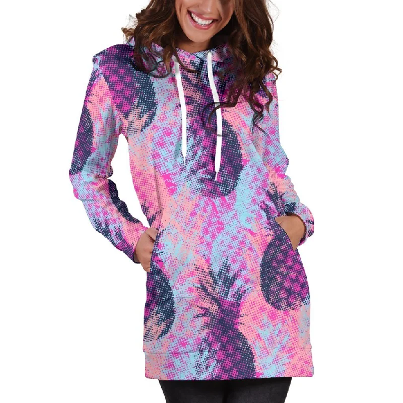 Neon Trippy Pineapple Pattern Print Pullover Hoodie Dress Hoodie with Snap Buttons Easy Quick Neon Trippy Pineapple Pattern Print Pullover Hoodie Dress Hoodie with Snap Buttons Easy Quick
