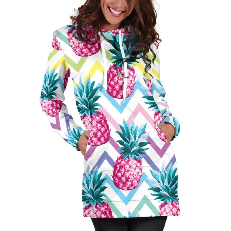 Neon Zig Zag Pineapple Pattern Print Pullover Hoodie Dress Hoodie with Cropped Fit Short Trendy Neon Zig Zag Pineapple Pattern Print Pullover Hoodie Dress Hoodie with Cropped Fit Short Trendy