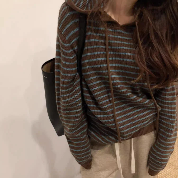 New Student Striped Knit Hoodie Hoodie with Ribbed Hem Stretchable Secure