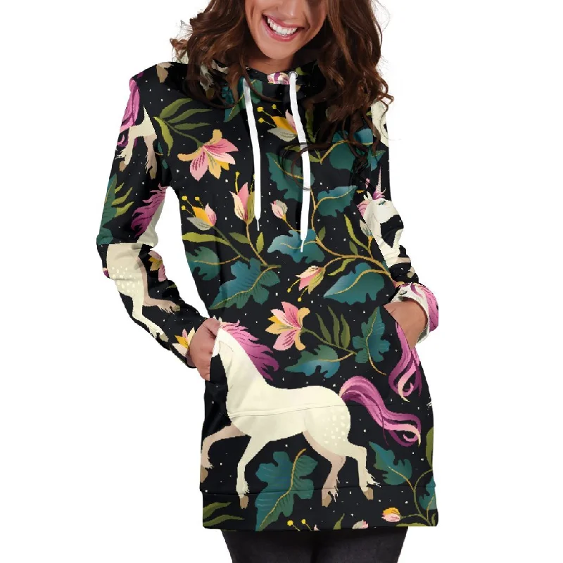 Night Floral Unicorn Pattern Print Pullover Hoodie Dress Hoodie with Metallic Shiny Futuristic Night Floral Unicorn Pattern Print Pullover Hoodie Dress Hoodie with Metallic Shiny Futuristic