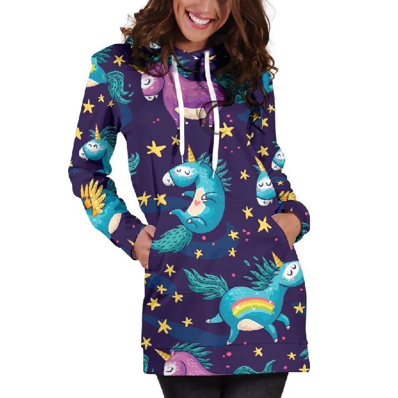 Night Star Unicorn Pattern Print Pullover Hoodie Dress Hoodie with Hem Contrast Bold Stylish Night Star Unicorn Pattern Print Pullover Hoodie Dress Hoodie with Hem Contrast Bold Stylish