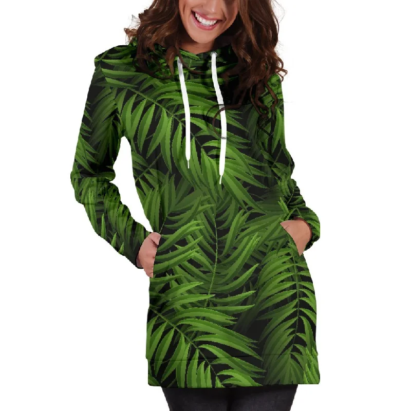 Night Tropical Palm Leaf Pattern Print Pullover Hoodie Dress Hoodie with Button Placket Classic Preppy Night Tropical Palm Leaf Pattern Print Pullover Hoodie Dress Hoodie with Button Placket Classic Preppy