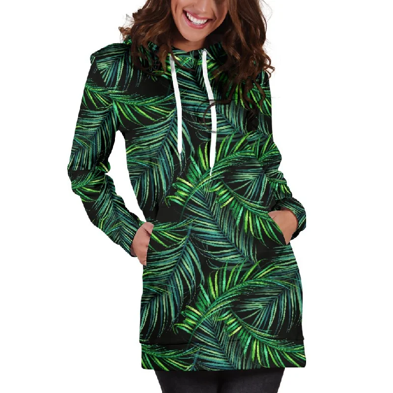 Night Tropical Palm Leaves Pattern Print Pullover Hoodie Dress Hoodie with Sequins Glamorous Eye-catching Night Tropical Palm Leaves Pattern Print Pullover Hoodie Dress Hoodie with Sequins Glamorous Eye-catching