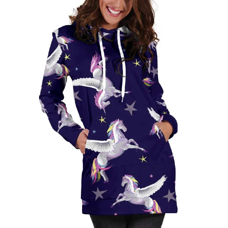 Night Winged Unicorn Pattern Print Pullover Hoodie Dress Hoodie with Pocket Utility Practical Night Winged Unicorn Pattern Print Pullover Hoodie Dress Hoodie with Pocket Utility Practical