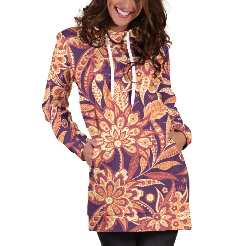 Orange Bohemian Floral Pattern Print Pullover Hoodie Dress Hoodie with Button Placket Classic Preppy Orange Bohemian Floral Pattern Print Pullover Hoodie Dress Hoodie with Button Placket Classic Preppy