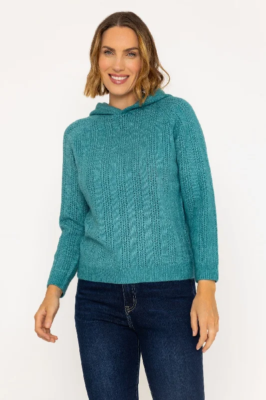 Pointelle Knit Hoody Jumper in Green Hoodie with Contrast Stitching Detailed Premium Pointelle Knit Hoody Jumper in Green Hoodie with Contrast Stitching Detailed Premium