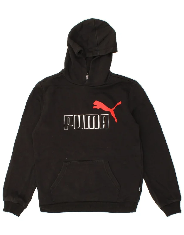 PUMA Boys Graphic Hoodie Jumper 13-14 Years XL Black Cotton Zip Hoodie Drawstring Kangaroo Pocket