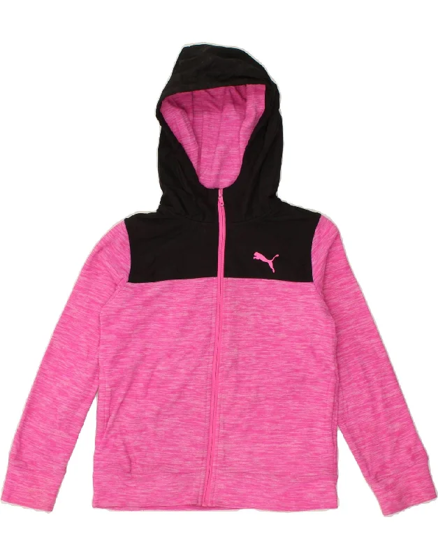 PUMA Girls Zip Hoodie Sweater 7-8 Years Small Pink Colourblock Cotton Hoodie with Typography Text Message PUMA Girls Zip Hoodie Sweater 7-8 Years Small Pink Colourblock Cotton Hoodie with Typography Text Message