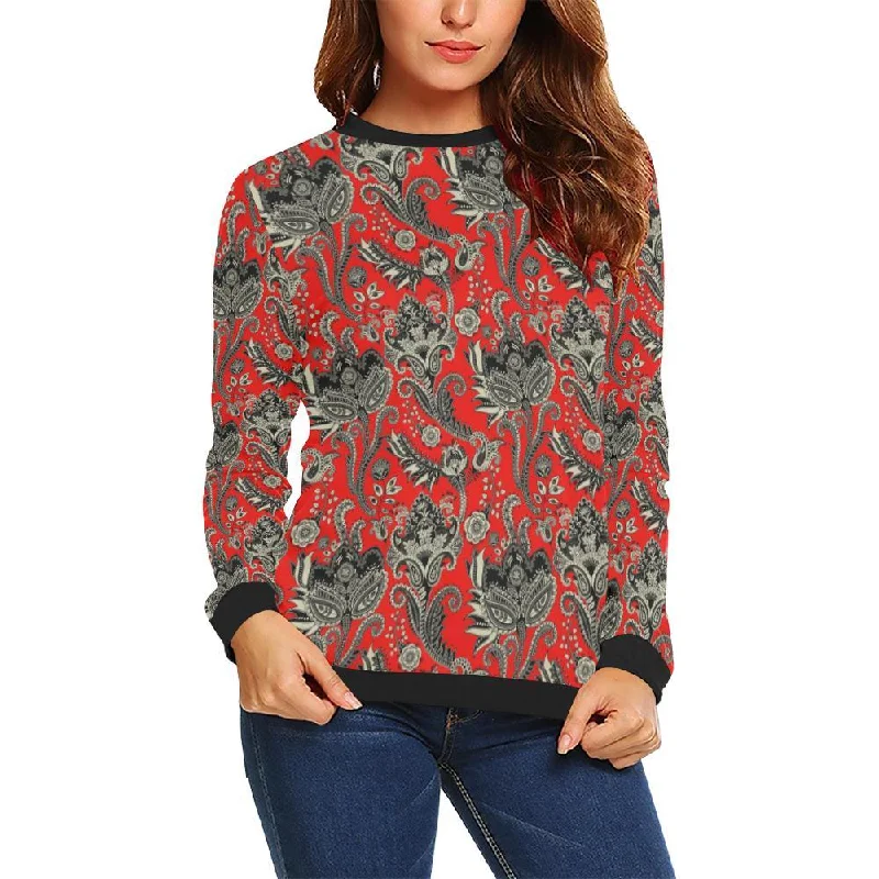 Red Paisley Pattern Print Women Crewneck Sweatshirt Hoodie with Rolled Sleeves Casual Relaxed Red Paisley Pattern Print Women Crewneck Sweatshirt Hoodie with Rolled Sleeves Casual Relaxed