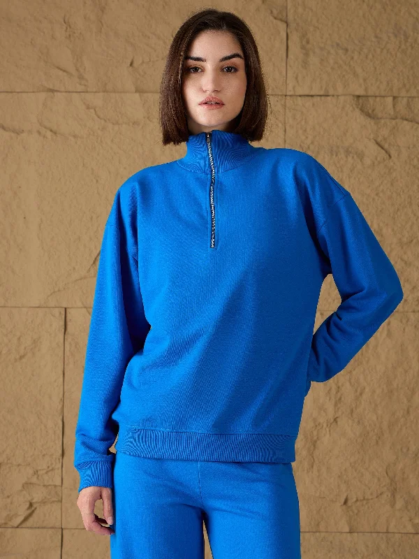Women Royal Blue High-Neck Sweatshirt Hoodie with Turtle Neck Cozy Winter