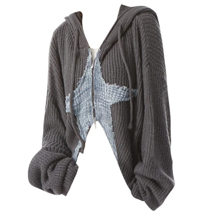 Star Girl Aesthetic Zip Up Knit Hoodie Hoodie with Frayed Bohemian Relaxed