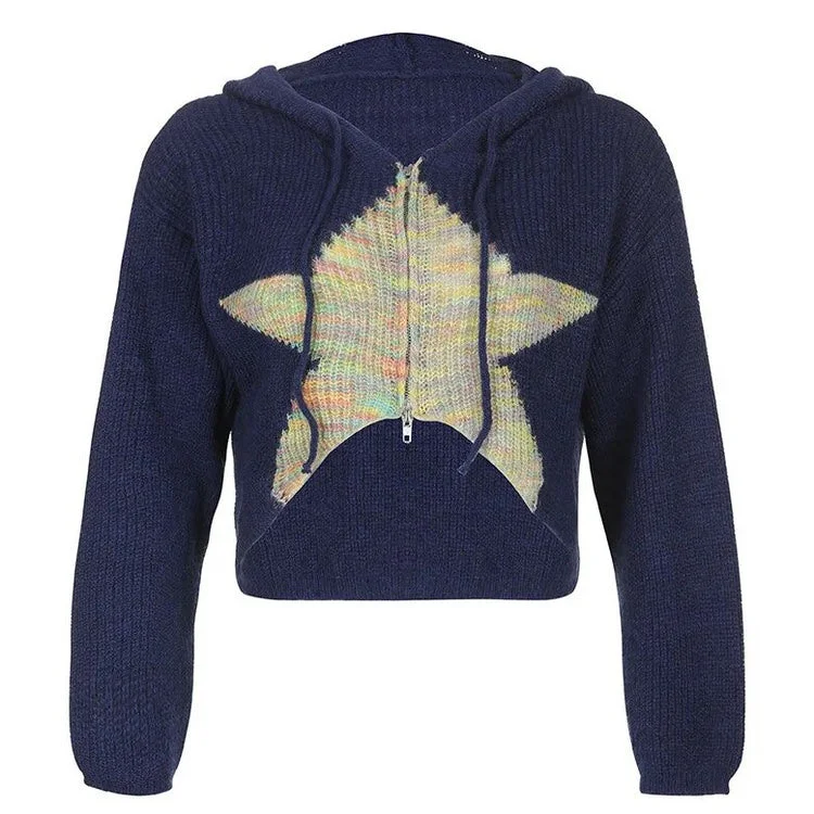 Star Zip Up Knit Hoodie Hoodie with Pastel Soft Subtle
