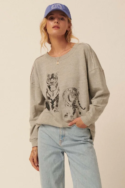 Twin Tigers Vintage-Print Graphic Sweatshirt Hoodie with High-Low Hem Asymmetrical Trendy Twin Tigers Vintage-Print Graphic Sweatshirt Hoodie with High-Low Hem Asymmetrical Trendy