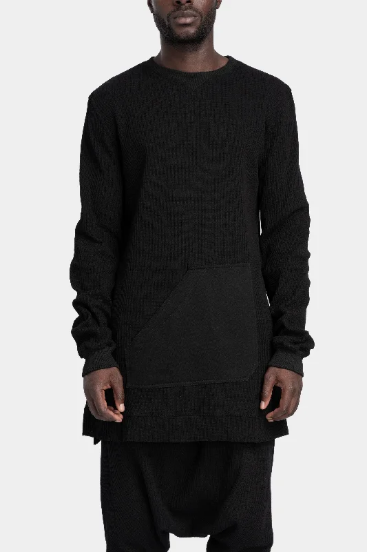 Waffle cotton long sweatshirt, Black Hoodie with Hem Ribbing Snug Secure