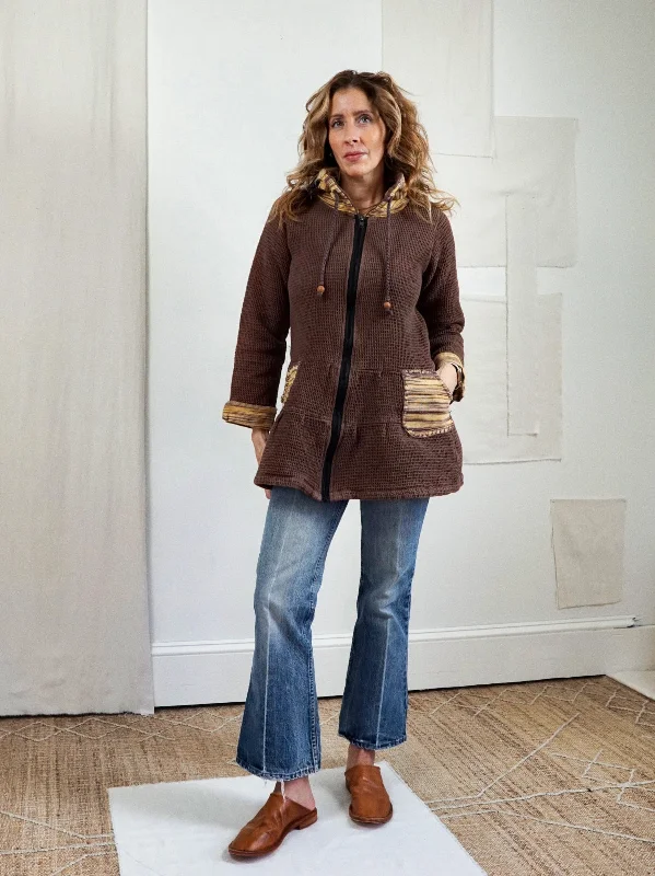 Waffle Knit Nutmeg Hoodie Tunic Hoodie with Hem Fringe Bohemian Relaxed