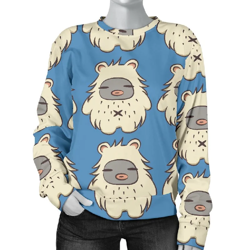 White Bigfoot Pattern Print Women's Sweatshirt Hoodie with Hem Elastic Stretchable Comfortable